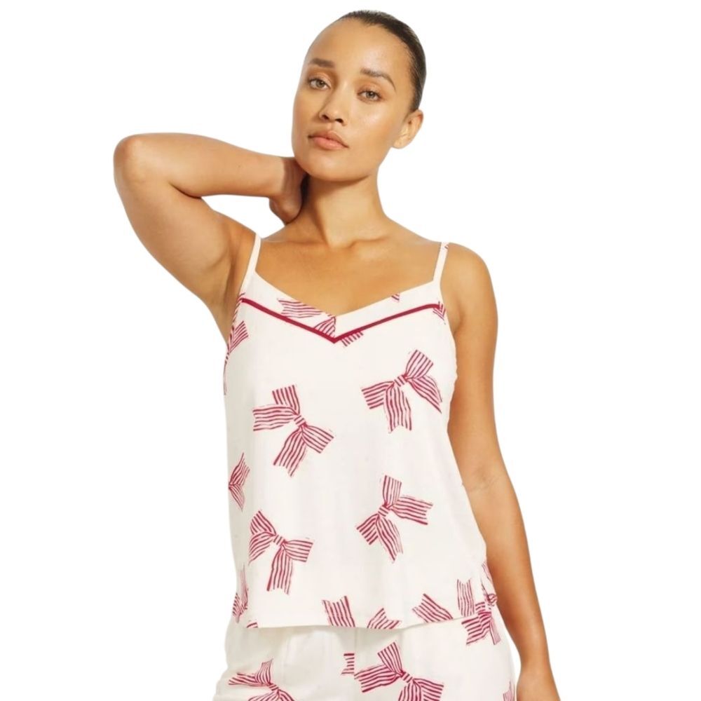 Soma Cool Nights Piped Bow & Polka Dot Cami Pajama Top W/built In Bra Medium